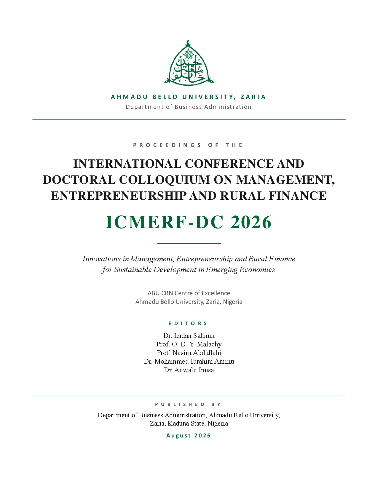 PROCEEDINGS OF THE INTERNATIONAL CONFERENCE AND DOCTORAL COLLOQUIUM ON MANAGEMENT, ENTREPRENEURSHIP, AND RURAL FINANCE (ICMERF-DC 2026)