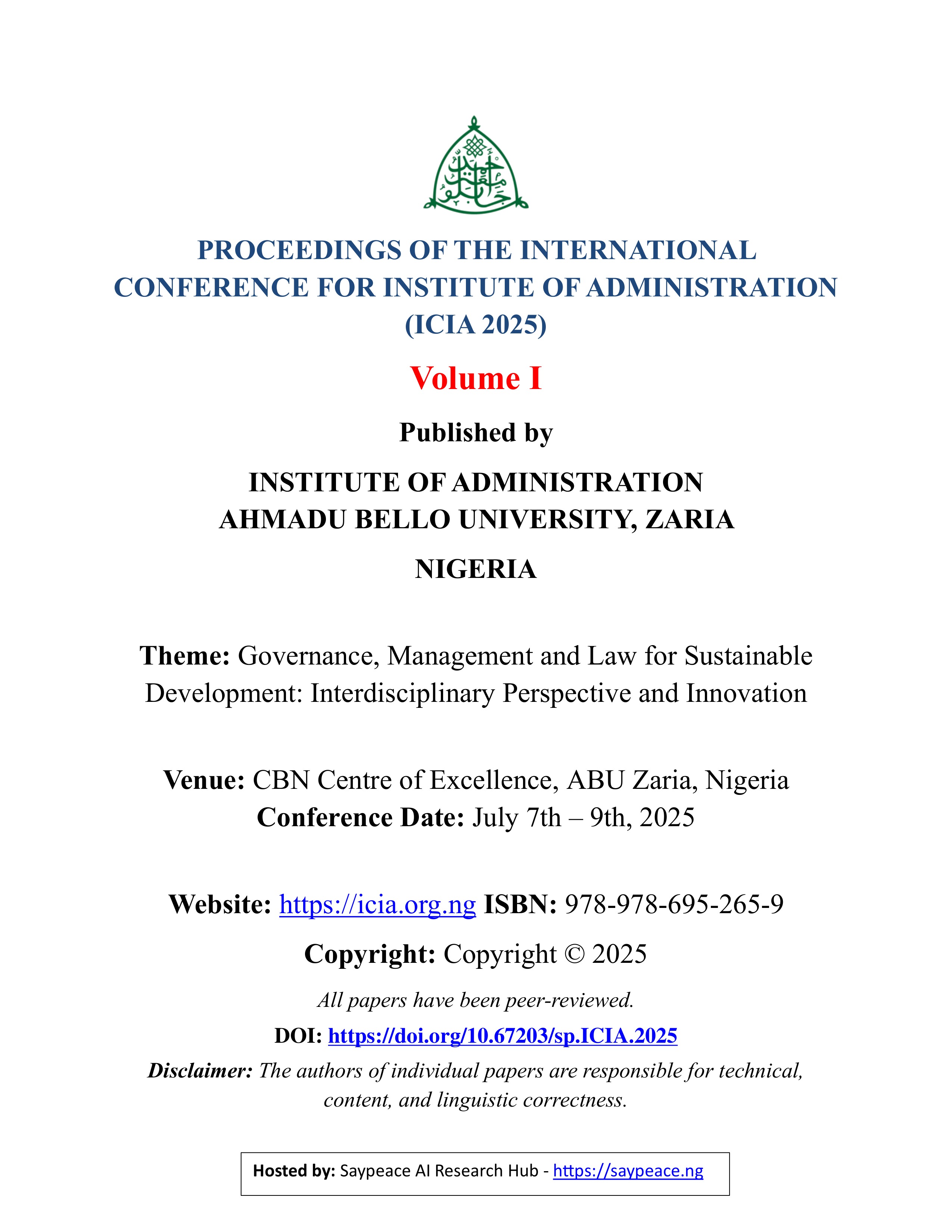 PROCEEDINGS OF THE INTERNATIONAL CONFERENCE FOR INSTITUTE OF ADMINISTRATION (ICIA 2025)